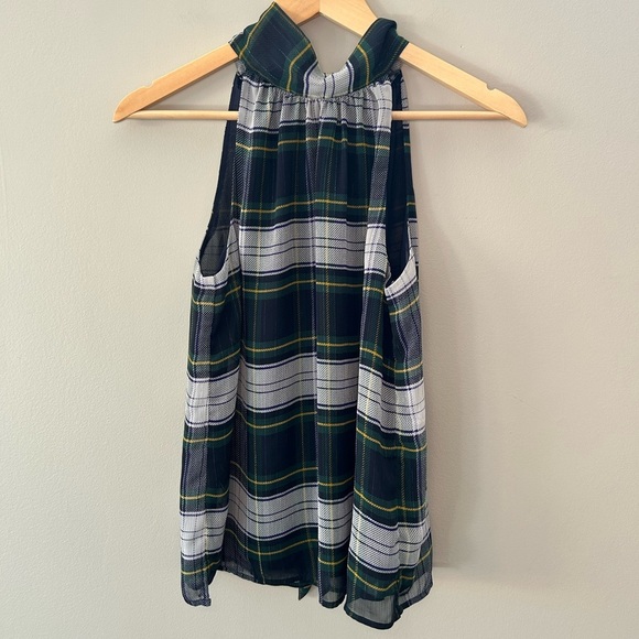 J. Crew High Halter Neck Sleeveless Plaid Tie Back Green and Navy Blue Chic Top - Picture 3 of 5